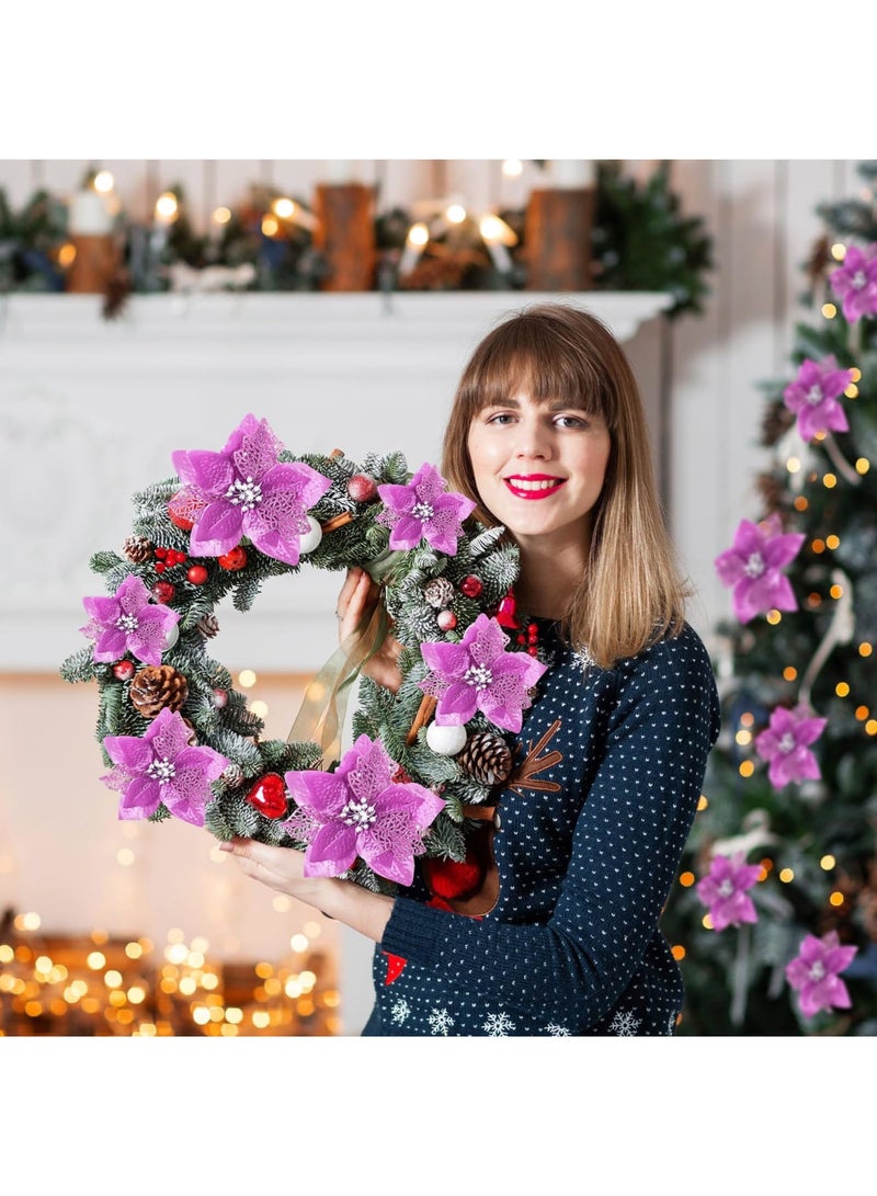 SYOSI 16 Pieces Christmas Glitter Poinsettia Faux Flowers Christmas Flowers Decorations Wedding Xmas Tree New Year Ornaments (Light Purple) - Image 3